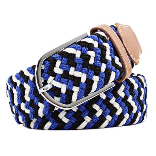 41 * 1.3 inch Unisex Elastic Fabric Braided Stretch Belt Casual Men Women Waist Belt with PU Leather Buckle, Blue White Answer