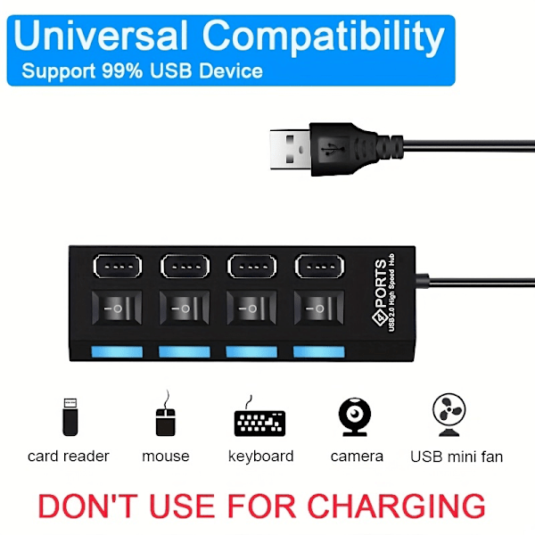 Höghastighets 4/7 portar USB HUB 2.0 adapter expander multi USB splitter multipel extender Black 7-port