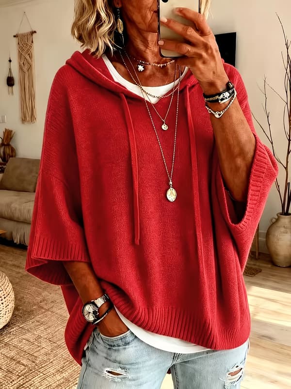 Hettegenser Cardigan for Kvinner, Kort Strikkegenser med Flaggermusermer Red M