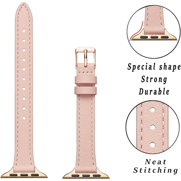 Slanke læderremme kompatible med Apple Watch Band 38 mm Blegrosa med guld Pale pink with Gold 42mm/44mm/45mm/49mm