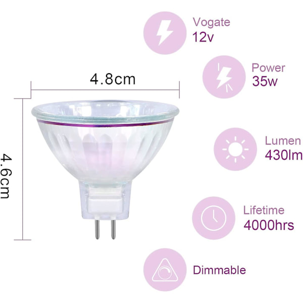 Halogenlampa 35w Gu5.3 2-stiftsockel, 12v 2700k Varmvit Spotlight 36° strålvinkel 4000 timmars livslängd Dimbar Halogenlampa Dikroisk - 6-pack