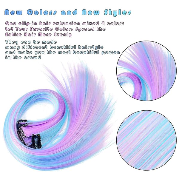 12 stk. Clip-In Hår Extensions til Piger 22 Tommer Lilla Blå Gradient Stejl Hår Extensions til Cosplay