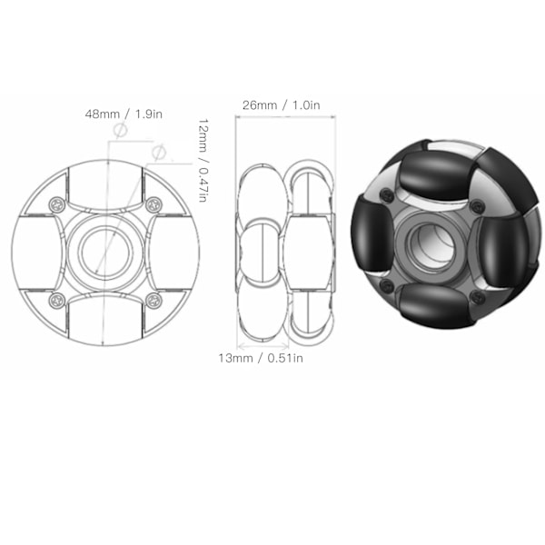 48mm Omni-suuntainen pyörä, kaksinkertainen rivi, monisuuntainen pyöränvaihto Omni-pyörä 14036 robottiteollisuudelle
