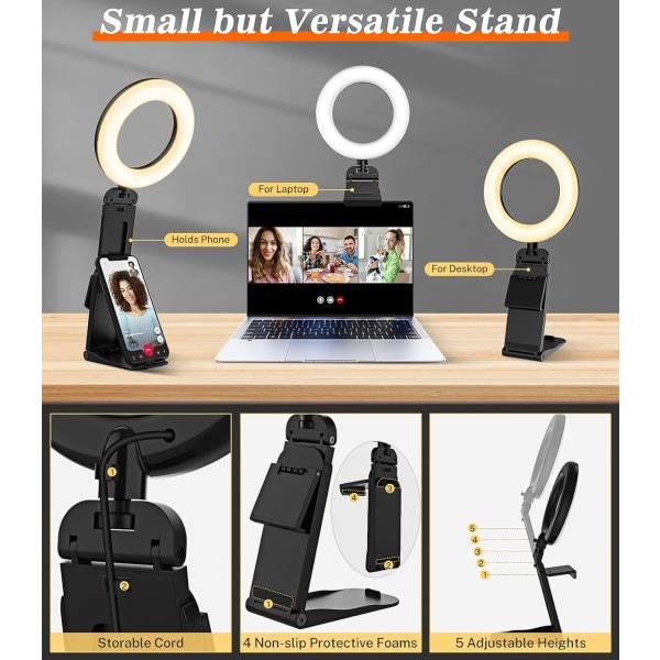 5 tommers bærbar selfie ringlys med stativ - Mini skrivebords LED telefon ringlys med dimbar 5 moduser 10 lysstyrke for sminke streaming webkamera