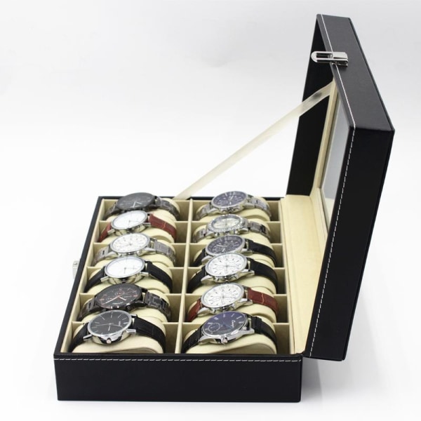 Watchbox Watchbox för 12 klockor med fönster svart med vit söm Black Black