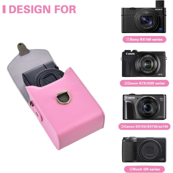Rosa fodral, Retro skönhetsväska i läder för Sony RX100 & HX-serien kamera för Ricoh GR III II / Canon G7X II / G7X III / SX720 / SX730 / SX740 / G9X/G9X II