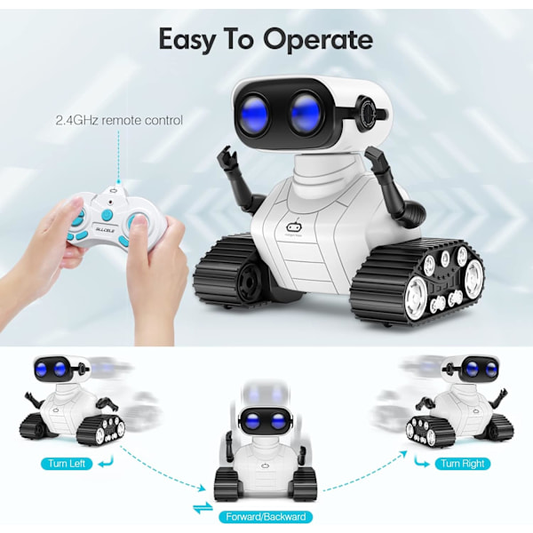 Robottilelut, Ladattavat lasten RC-robotit kaukosäätimellä, LED-silmät ja musiikki VALKOINEN