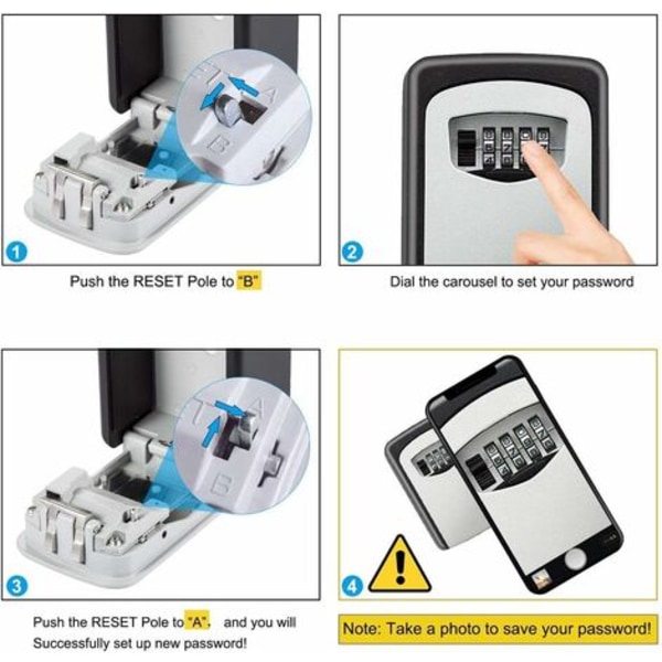 Nøkkelboks med 4-sifret kode, vanntett og rustfritt, for innendørs og utendørs bruk, hjem, kontor, garasje, skole, treningsstudio, etc.