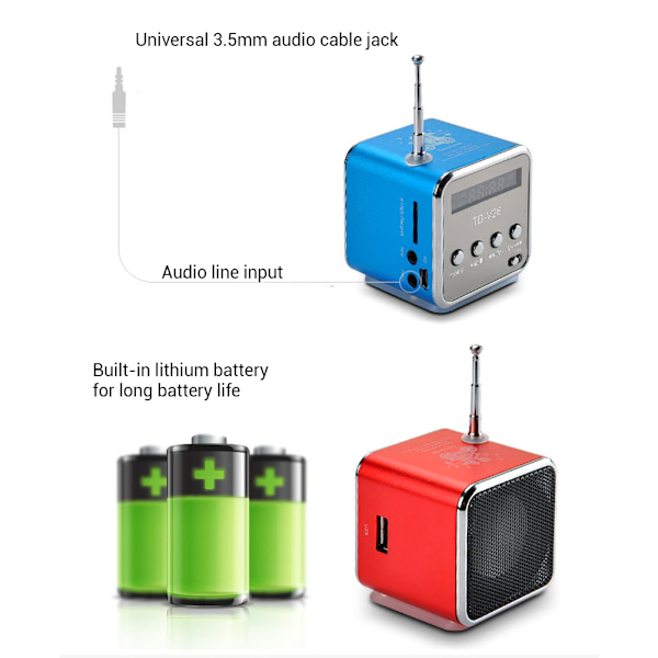 Kannettava TD V26 Digitaalinen Radiokaiutin Mini FM-radion vastaanotin LCD-stereokaiuttimella, tukee Micro-muistikorttia 0.2