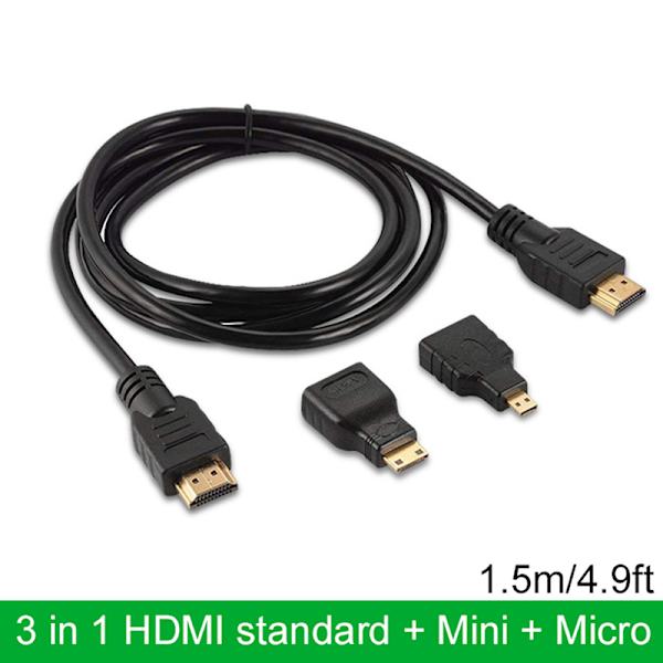 3 i 1 guldpläterad HDMI + Mini + Micro HDMI-adapterkabel 1,5 m