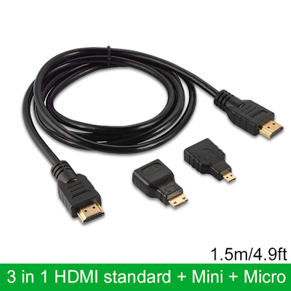 3 in 1 kullattu HDMI + Mini + Micro HDMI -sovitinkaapel 1,5 m