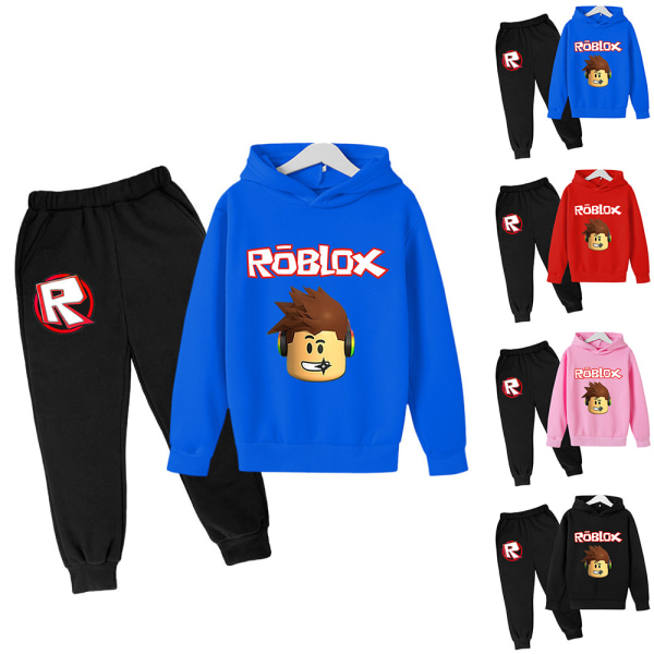 Lasten Minecraft Roblox pitkähihaiset hupparit verryttelypuvut topit+housut Kuninkaallinen sininen Royal blue 150 cm