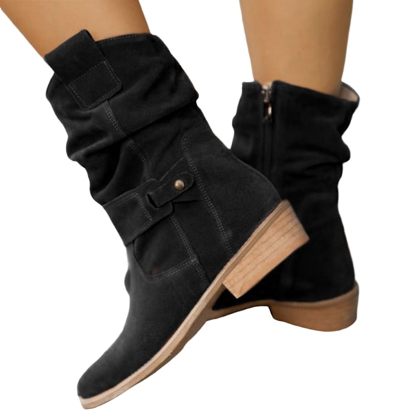 Women's Autumn and Winter Side Zipper Low Boots Elegant Suede Round Toe Casual Low Heels BLACK