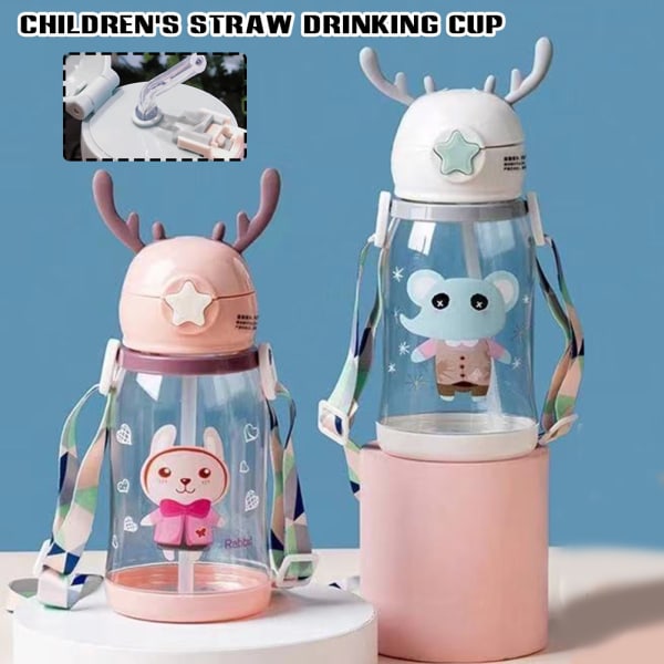 600 ml tegneserie barnas vannflaske med sugerør og stropp Bærbar drikkekopp Light Blue