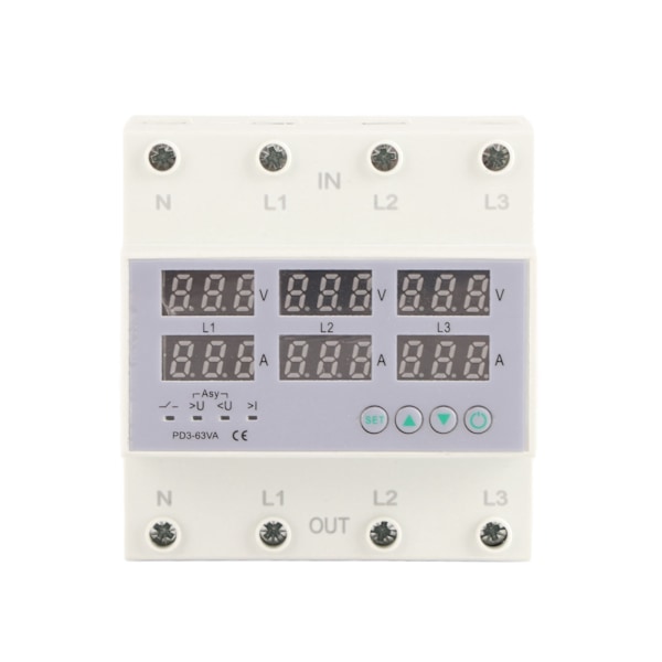 3-fas DIN-skena voltmeter ammeter automatiskt överspänningsskydd överströmsskydd AC 390‑500V 63A
