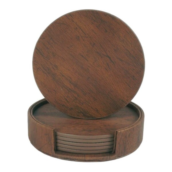 6-pack reversible coasters walnut PU with holder brown