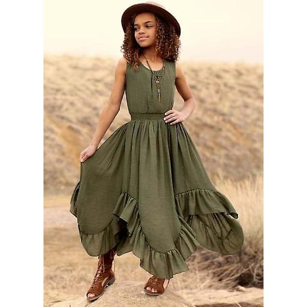 Plus Size Princess Flickor Bomull Spets Fest Tonåringar Långa Klänningar Baby Barn Blomsterflicka Bröllop Födelsedag Barnkläder För 6-14y Grön Green 10