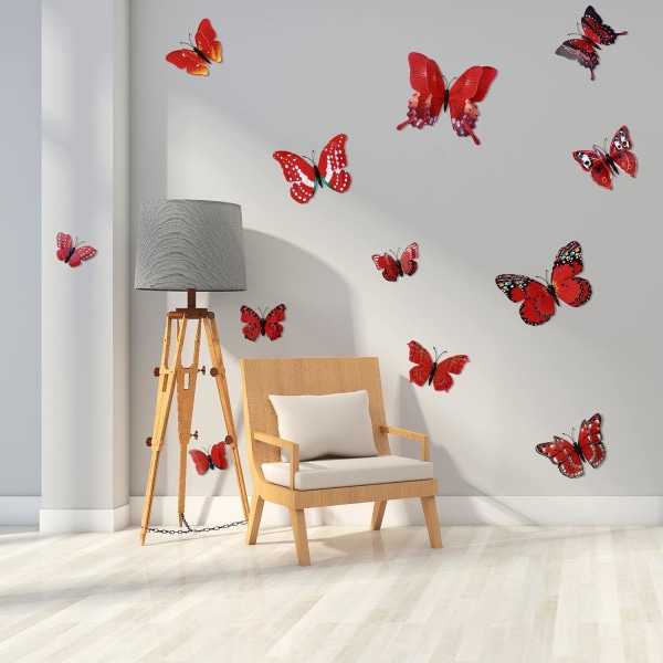 Fjerning av 3D Butterfly Wall Art Decoration (Dobbelt lag - Rød/12 stykker) ed