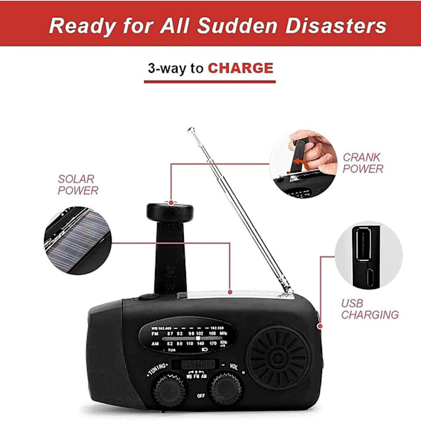 Nödhandvevradio med LED-nödblixt, AM/FM bärbar väderradio med powerbank telefonladdare, USB-laddad