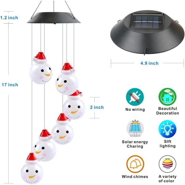 Jouluaiheinen aurinkovoimalla toimiva tuulipeli, Joulupukki ja lumimies mobiili riippuva LED-väriä vaihtava tuulipeli sisä- ja ulkokäyttöön puutarhaan, terassille ja pihalle (Lumimies)