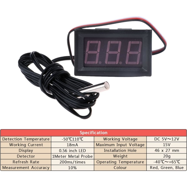 12V digitalt termometer Mini temperaturtester Vanntett digitalt temperaturmåler for kjøleskap Akvarium Fryser, Blå