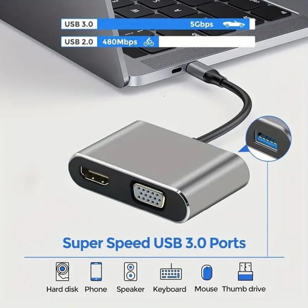 USB C-hub til HDMI VGA Multiport-adapter, 4-i-1 USB C til Vga Multiport