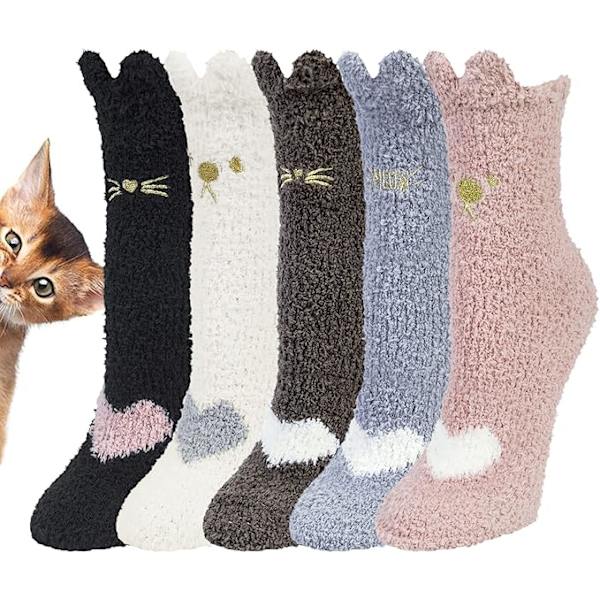 5 par bløde strømper til kvinder vinter varme sove strømper fluffy strømper sød kattemønster design