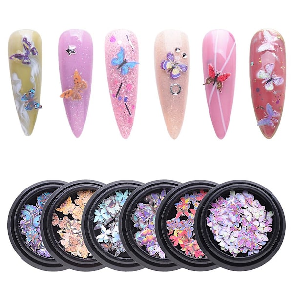 Set med 6 3d nagelkonst klistermärken färgglad fjärilsstil för nagelkonst