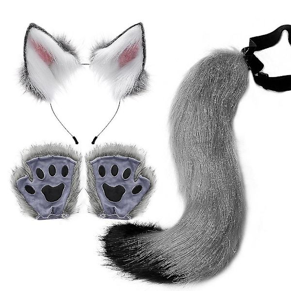 Lolita Simulation Beast Claw Plys Fox Ører Pandebånd Kunstig Pels Lang Pote Cosplay Rekvisitter Halloween Fest Tilbehør Sæt Grey