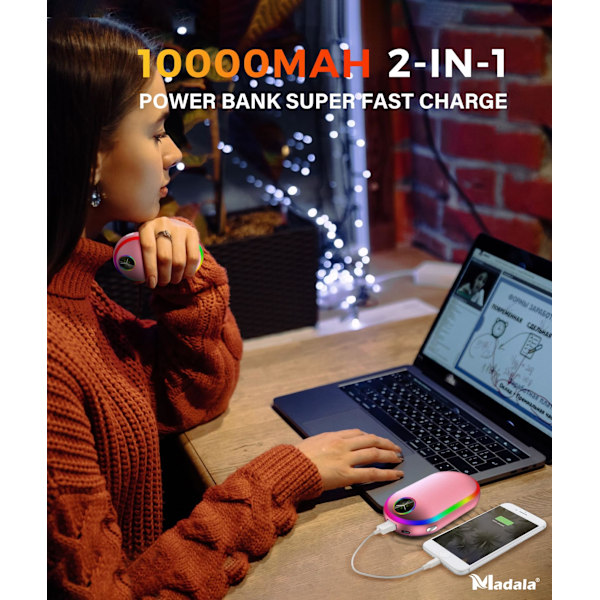 Håndvarmer Genopladelig med Lys (7 Farver), 10000mah Luminescens Elektrisk Håndvarmer, (13-18 Timer)
