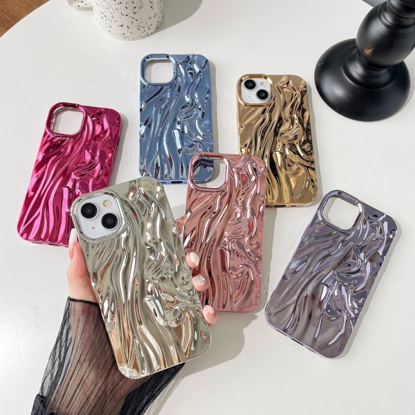 Pleated Water Ripple Chrome Plating Electroplated Wave Pattern Soft Compatible with iPhone Case (Gold, iPhone 14 Pro Max)