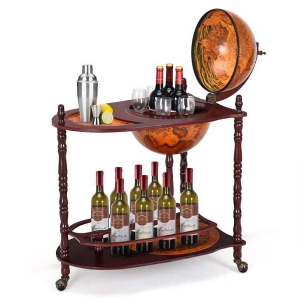 COSTWAY Bar Globe Vintage Eukalyptus Tre Verdenskart med 3 Hjul og Italiensk 16. århundre Stil, 70 x 45 x 88 C