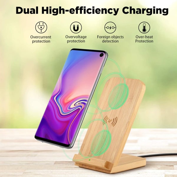 Trådløs bambuslader, Qi-ladestativ for iPhone 11/XR/XS Max/XS/X/SE 2020, 10W hurtiglading for Samsung Galaxy S20/S10/Note10/S9/S9+/S8+/Note 9