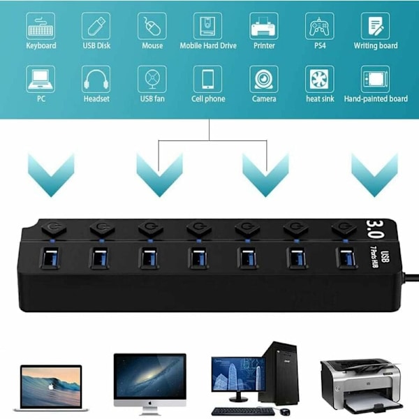 USB-hubb, 7-portars USB 3.0-hubb, USB-datahubb med flera portar, splitter med individuella på/av-brytare, USB-förlängning för MacBook