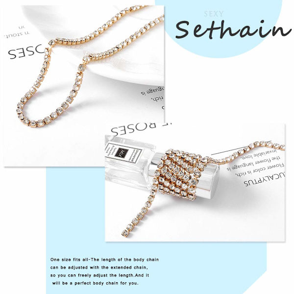 Boho Rhinestone Body Chain Guld Kristall Långt Hänge Halsband Bröstkedja Nattklubb Kroppsaccessoarer