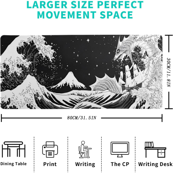 Mustavalkoinen japanilainen aaltokuvioinen merilohikäärmeen pelihiirimatto, abstrakti musta matto 31,5x11,8 tuumaa, aaltokuvioitu, liukumaton kumipohja, aaltohiirimatto ommeltu