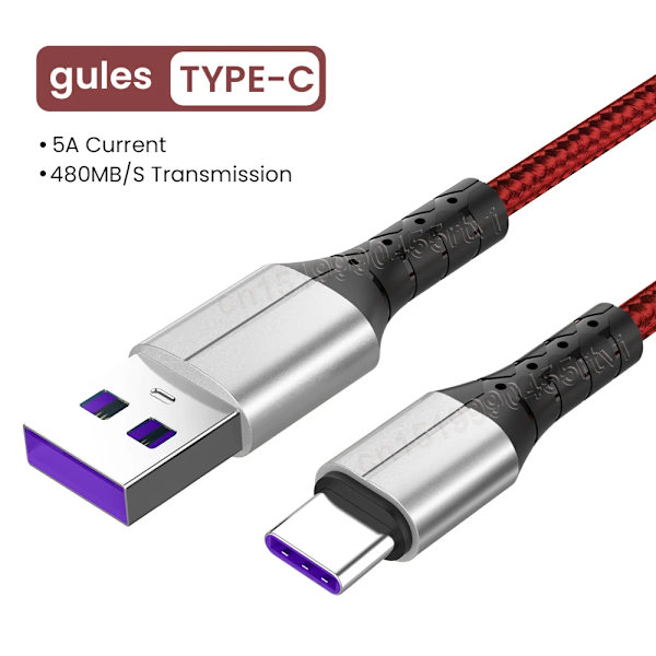 5A USB C Hurtig Opladnings Datakabel USB A Til Micro USB Type C Telefonopladerkabel 0,3/1/1,5m Nylonledning Til Xiaomi Huawei Rød Type C Kabel Red Type C Cable 0.3m