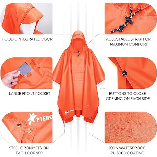 Regnponcho med huva för vuxna med ficka Orange