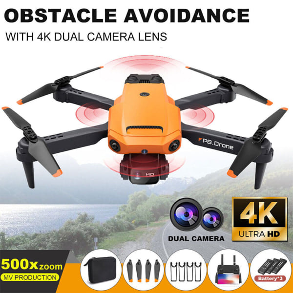 3 Batterier Drone Pro 4K HD Selfie Kamera WIFI FPV GPS Foldbar RC Quadcopter Orange Orange