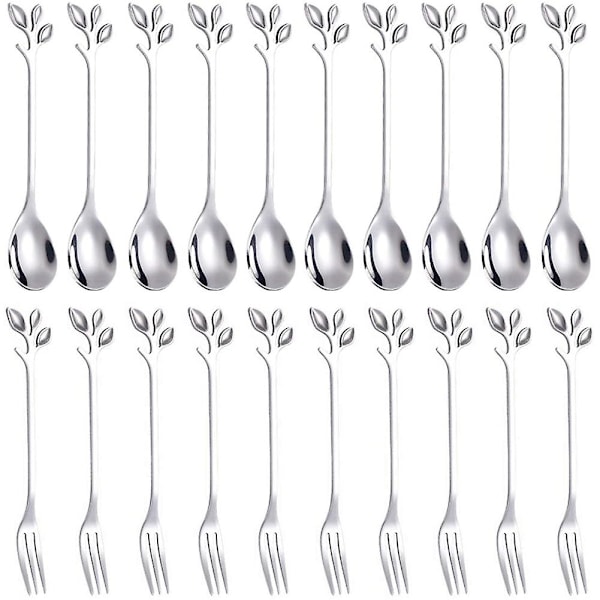 Dessert Ske og Gaffel Sæt, 20 stk 4,7 tommer Kagegaffel, Kaffeske, Kreativ Sølvblad Frugtgaffel, (10 stk