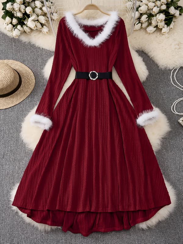 Plus Size Julkväll Swingklänning Långärmad V-ringad Jacquard med Bälte Burgundy 1XL