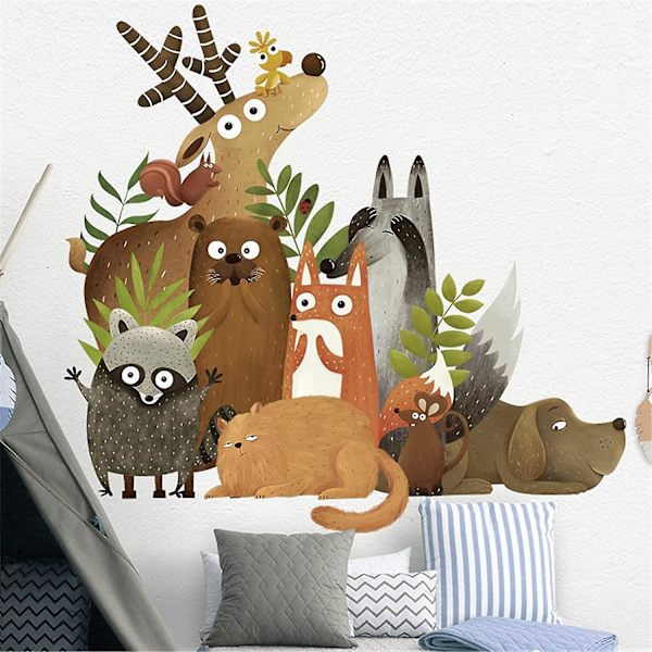 Woodland Vægsticker Super Søde Dyr Kat Hund Hjorte Vaskebjørn Ræv Egern Papegøje Vægsticker Børneværelse Baby Børneværelse Vægsticker (Woodland Cute Ani
