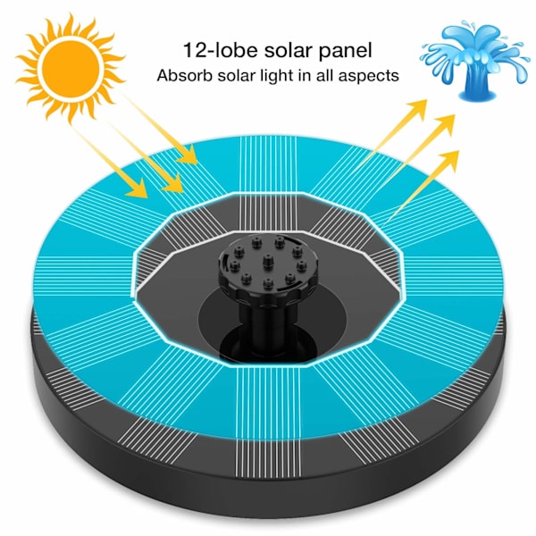 Aurinkokäyttöinen suihkulähde pumppu, aurinkokäyttöinen suihkulähde 6 suuttimella, kelluva aurinkokäyttöinen lampipumppu lintukylpyyn, puutarhaan, lampiin, uima-altaaseen ja kalalampeen
