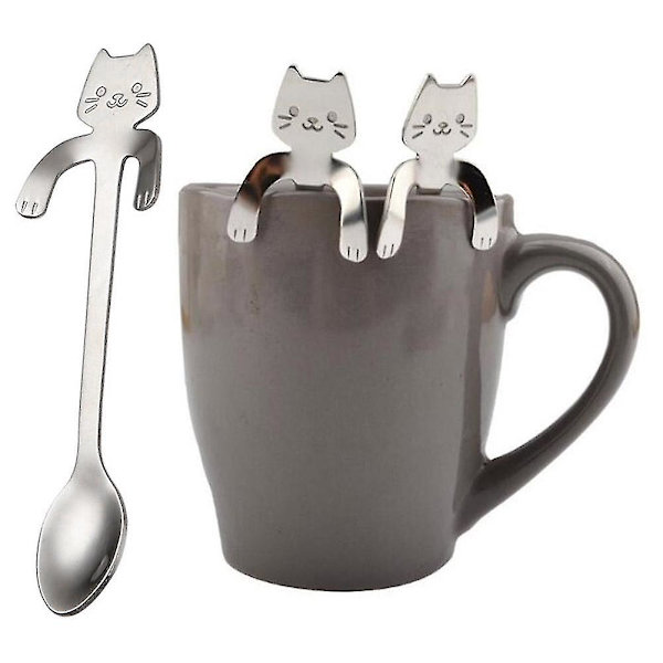 5 x Cartoon Cat Langskaftet Suppe Rustfrit Stål Dessert Kage Kaffe Ske Bestik
