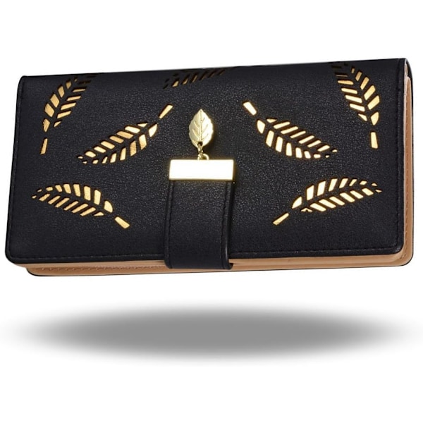 Women's Large Capacity Long Wallet, Hollow Leaf Wallet, Black