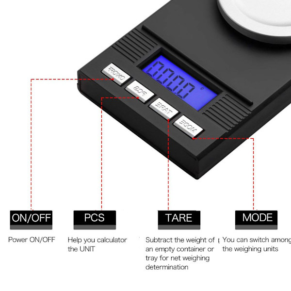 Digital fickvåg i milligram 50 g / 0,001 g med bakgrundsbelyst LCD-display, batteri ingår