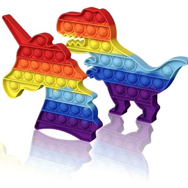 IC 2-pakke sensoriske Pop-It Poppets Fidget-leker - Enhjørning og dinosaur