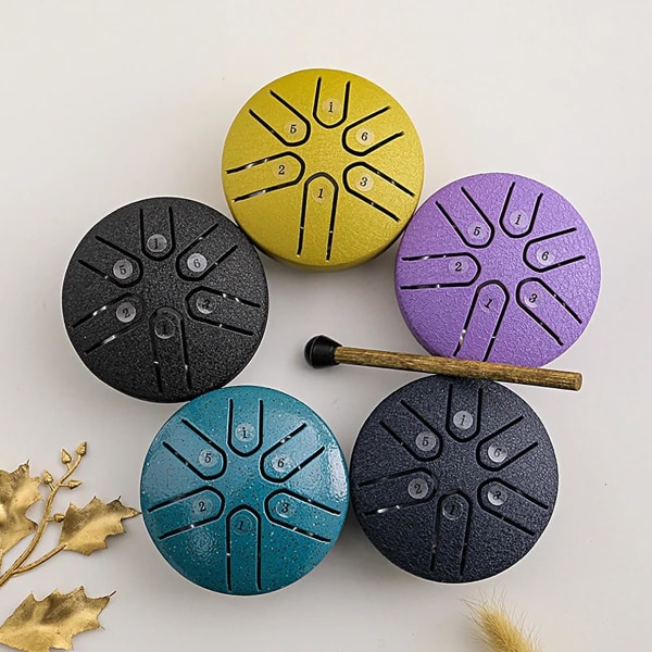 Buddha Stones Mini Steel Tongue Drum 3 tum ljudläkande trumset, Mini Handpan Drum, 6 toner Worry Free Drum, Worry Free Drum, Handpan Drum black