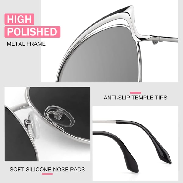 Trendy Oversized Solbriller for Kvinner Polariserte Cat Eye Søte UV400 Beskyttelse Sølv Silver Model B