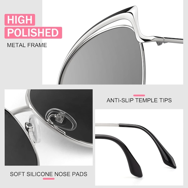 Trendy Oversized Solbriller til Kvinder Polariseret Cat Eye Cute UV400 Beskyttelse Sølv Silver Model B